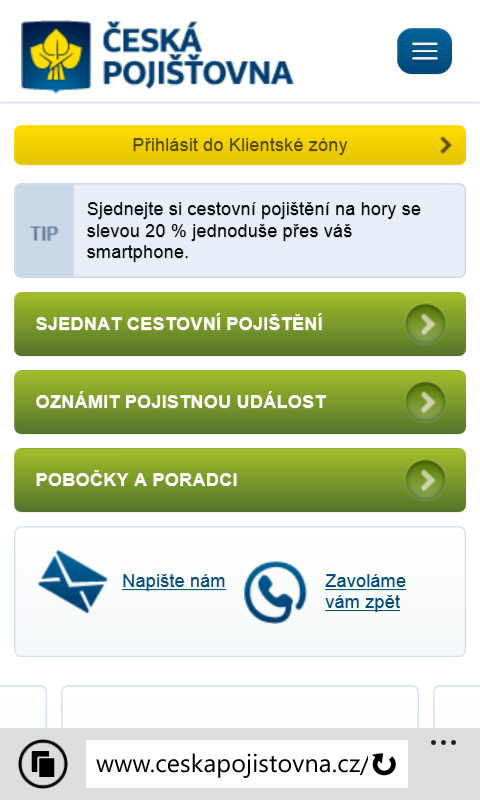 Úvodní strana mobilní verze webu České pojišťovny